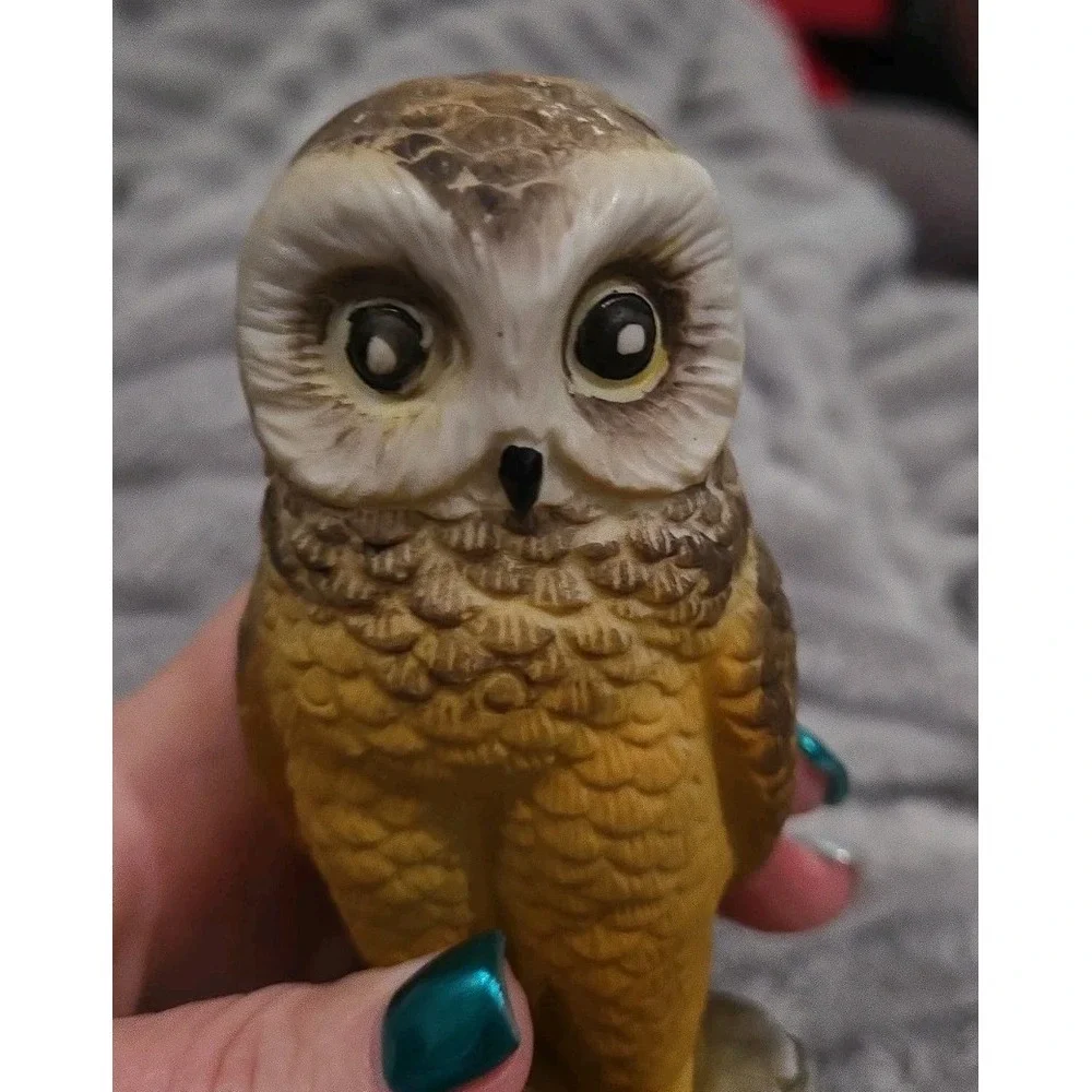 Ceramic Owl Figurine Decorative Brown and Yellow Collectible WHIMSICAL